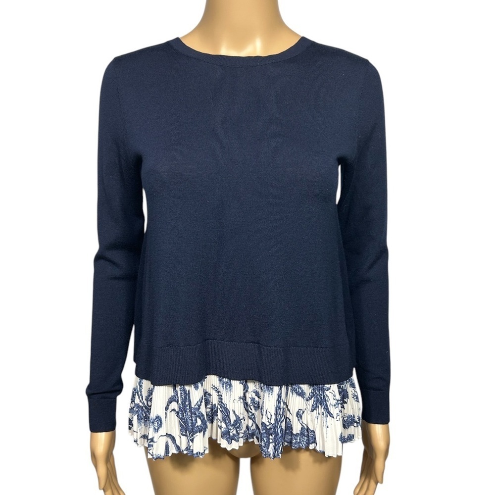 Club Monaco Wool Sweater Split Back Plisse Bottom Size XS Navy/White